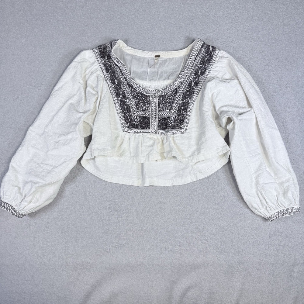 Free People Top Ren Faire Iggie Embroidered Cream Brown Size XS Oversize Boho